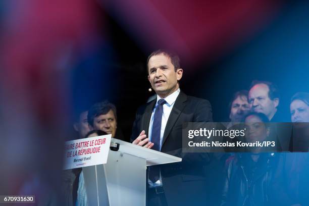 Candidate of the Socialist Party for the 2017 French Presidential Election Benoit Hamon holds a meeting at Place de la Republique on April 19, 2017...