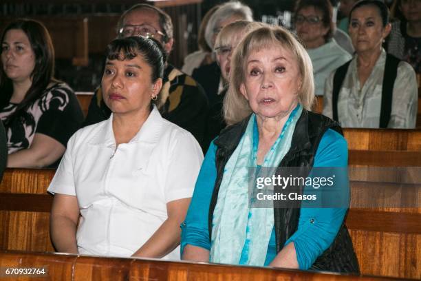 Maty Huitron attends a mass to conmemorate the 24th Anniversary of the death of the Mexican actor Mario Moreno Cantinflas at Basilica de Guadalupe on...