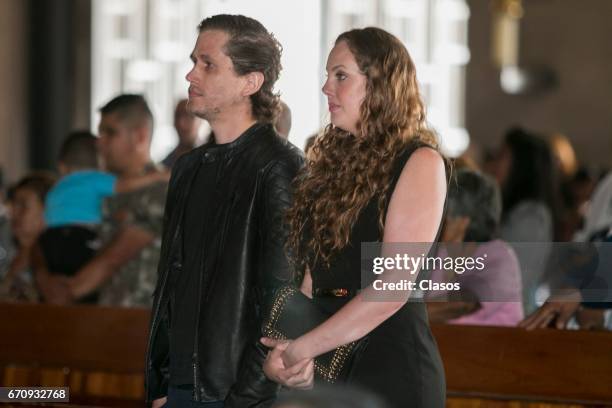 Valentina Moreno and Mario Moreno attend a mass to conmemorate the 24th Anniversary of the death of the Mexican actor Mario Moreno Cantinflas at...