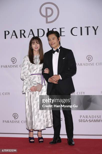 Actors Lee Min-Jung and Lee Byung-Hun attend the 'PARADISE CITY' Grand Opening on April 20, 2017 in Incheon, South Korea.