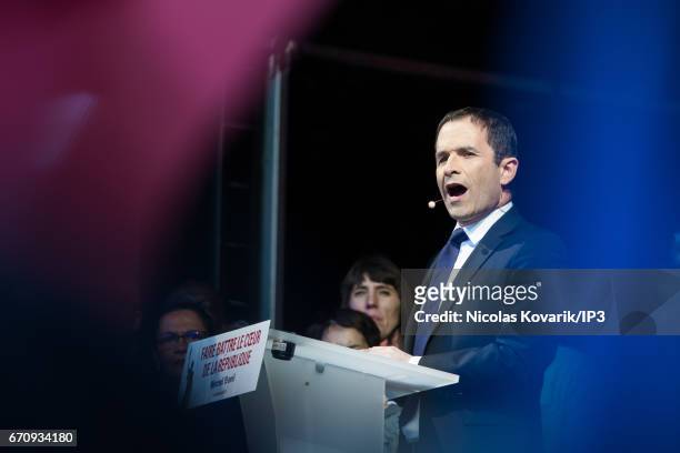 Candidate of the Socialist Party for the 2017 French Presidential Election Benoit Hamon holds a meeting at Place de la Republique on April 19, 2017...