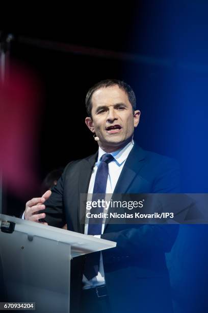 Candidate of the Socialist Party for the 2017 French Presidential Election Benoit Hamon holds a meeting at Place de la Republique on April 19, 2017...