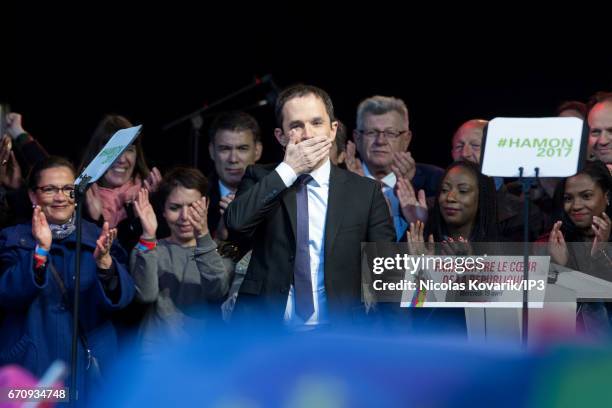 Candidate of the Socialist Party for the 2017 French Presidential Election Benoit Hamon holds a meeting at Place de la Republique on April 19, 2017...