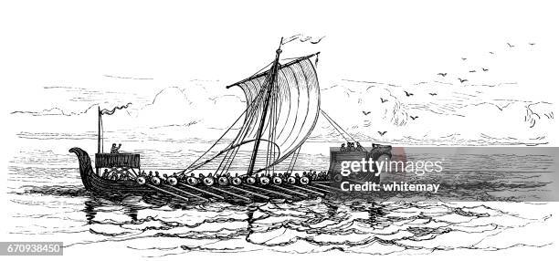 ilustrações de stock, clip art, desenhos animados e ícones de ancient icelandic vessel at sea - viking ship