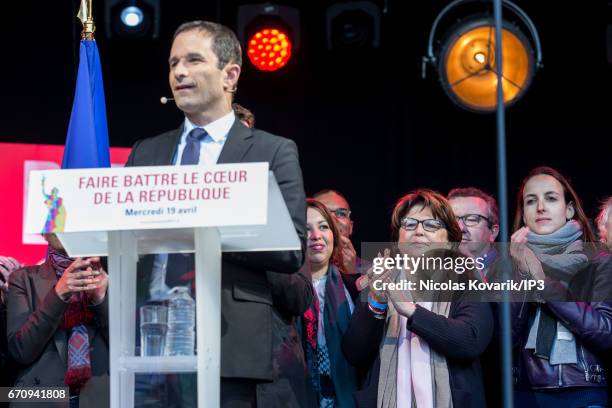 Candidate of the Socialist Party for the 2017 French Presidential Election Benoit Hamon holds a meeting at Place de la Republique on April 19, 2017...