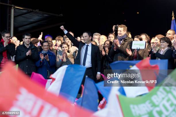 Candidate of the Socialist Party for the 2017 French Presidential Election Benoit Hamon holds a meeting at Place de la Republique on April 19, 2017...
