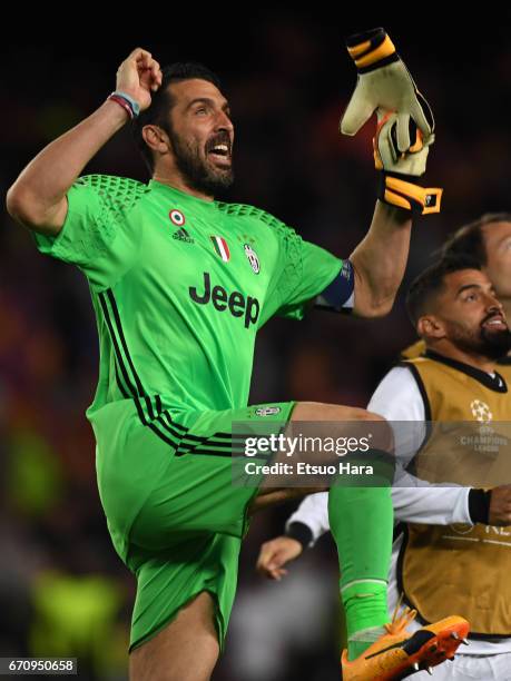 Guanluigi Buffon of Juventus celebrates going through to semi final after the UEFA Champions League Quarter Final second leg match between FC...