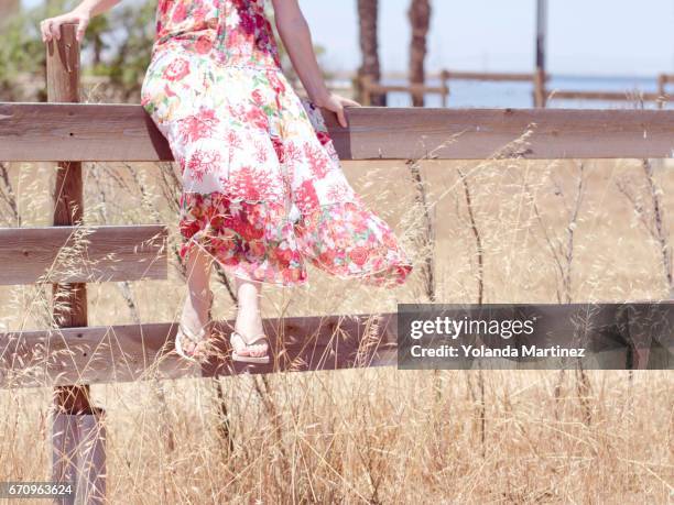 mujer con vestido en valla - vestido stock-fotos und bilder