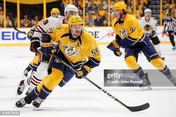 Roman Josi of the Nashville Predators skates against the Chicago Blackhawks in Game Three of the Western Conference First Round during the 2017 NHL...