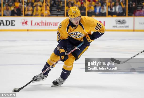 Pontus Aberg of the Nashville Predators skates against the Chicago Blackhawks in Game Three of the Western Conference First Round during the 2017 NHL...