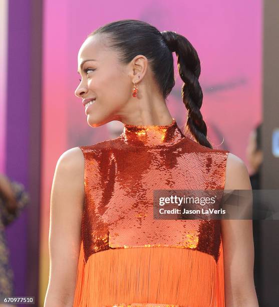 Actress Zoe Saldana attends the premiere of "Guardians of the Galaxy Vol. 2" at Dolby Theatre on April 19, 2017 in Hollywood, California.