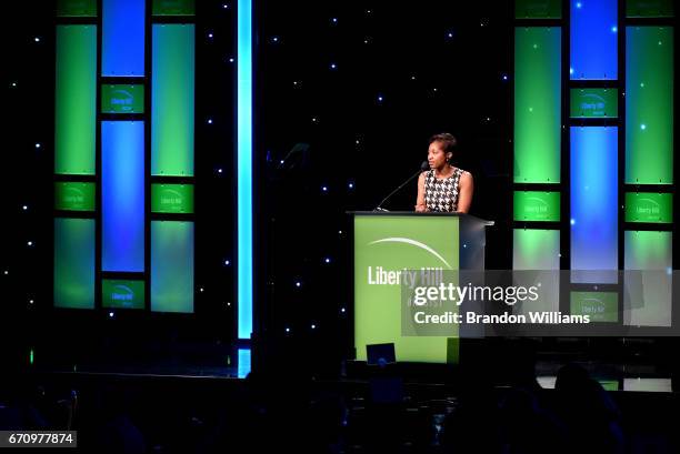 Amelia Williamson, Liberty Hill Foundation Board Chair member, speaks to attendees at the Upton Sinclair Awards at The Beverly Hilton Hotel on April...