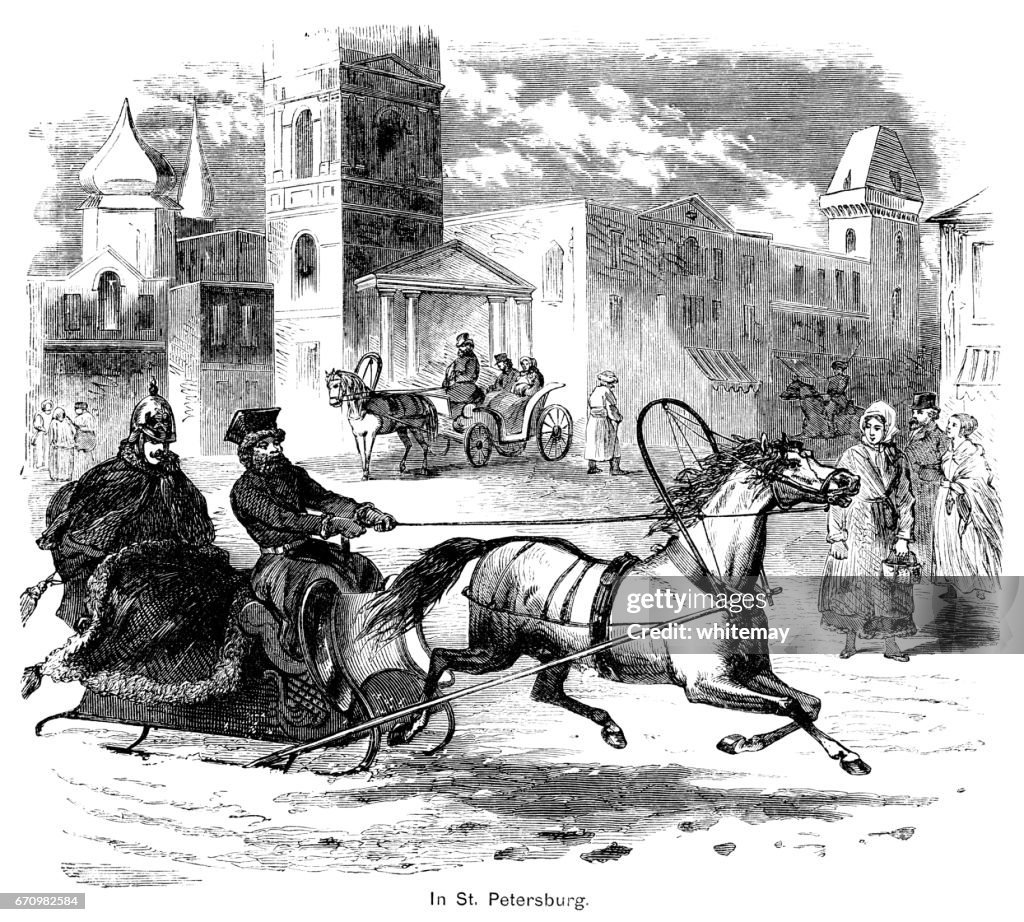 Trineo dibujado caballo en San Petersburgo, Rusia