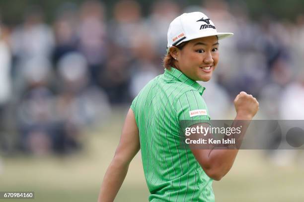 Mao Nozawa celebrates after her putt on the 18th hole green during the final round of the Panasonic Open Ladies at the Chiba Country Club on April...