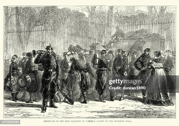 franco prussian war -  departure of the 10th regiment - bugle stock illustrations