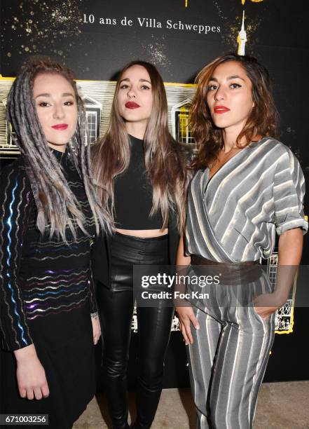 Band members Violinist Elisa Paris, singer/drummer Juliette SaumagneÊand singer Lucie Lebrun attend 'Tonic Follies' Villa Schweppes Before Cannes...