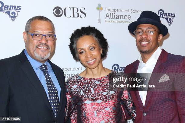 Actor Laurence Fishburne, Entertainment Attorney Nina L. Shaw and TV Personality Nick Cannon attend the Independent School Alliance Impact Awards at...