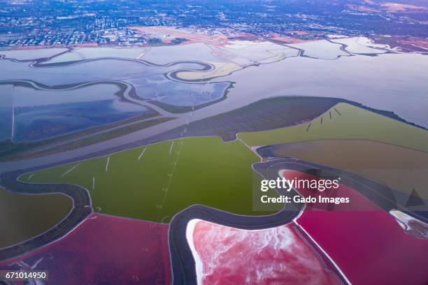 silicon valley salt ponds - silicon valley aerial stock pictures, royalty-free photos & images