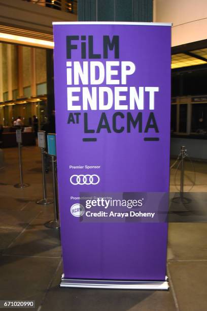 Film Independent signage at the Film Independent at LACMA Special Screening and Q&A of "The Life Of Henrietta Lacks" at Bing Theatre At LACMA on...