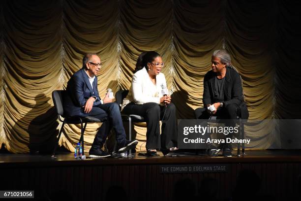 George C. Wolfe, Oprah Winfrey and Elvis Mitchell attend the Film Independent at LACMA Special Screening and Q&A of "The Life Of Henrietta Lacks" at...