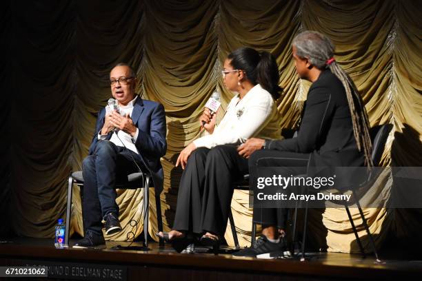 George C. Wolfe, Oprah Winfrey and Elvis Mitchell attend the Film Independent at LACMA Special Screening and Q&A of "The Life Of Henrietta Lacks" at...