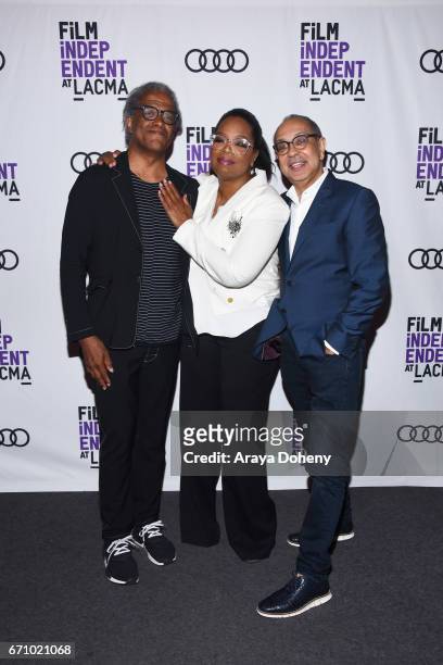Elvis Mitchell, Oprah Winfrey and George C. Wolfe attend the Film Independent at LACMA Special Screening and Q&A of "The Life Of Henrietta Lacks" at...