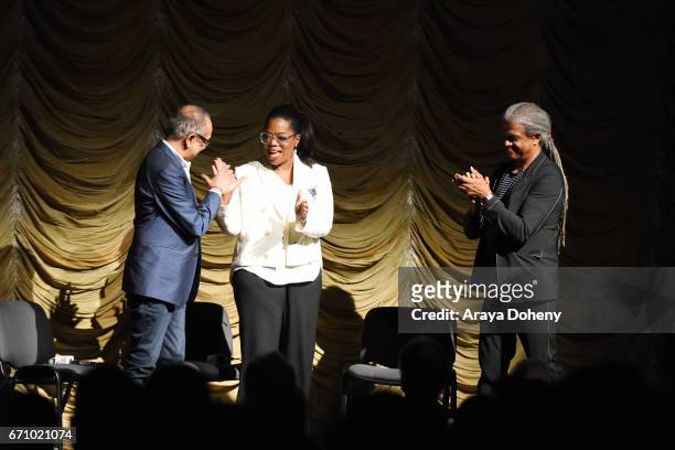 George C. Wolfe, Oprah Winfrey and Elvis Mitchell attend the Film Independent at LACMA Special Screening and Q&A of "The Life Of Henrietta Lacks" at...
