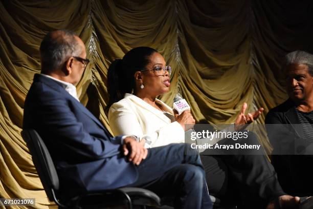 George C. Wolfe, Oprah Winfrey and Elvis Mitchell attend the Film Independent at LACMA Special Screening and Q&A of "The Life Of Henrietta Lacks" at...