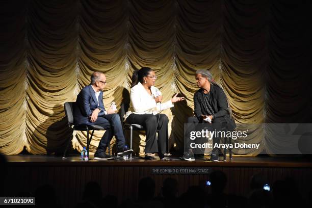 George C. Wolfe, Oprah Winfrey and Elvis Mitchell attend the Film Independent at LACMA Special Screening and Q&A of "The Life Of Henrietta Lacks" at...