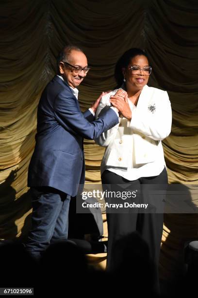 George C. Wolfe and Oprah Winfrey attend the Film Independent at LACMA Special Screening and Q&A of "The Life Of Henrietta Lacks" at Bing Theatre At...