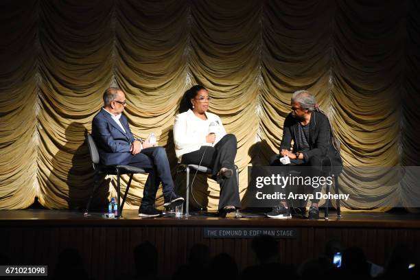 George C. Wolfe, Oprah Winfrey and Elvis Mitchell attend the Film Independent at LACMA Special Screening and Q&A of "The Life Of Henrietta Lacks" at...