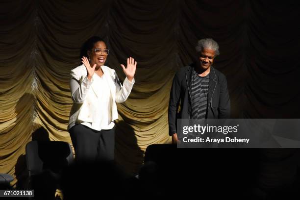 Oprah Winfrey and Elvis Mitchell attend the Film Independent at LACMA Special Screening and Q&A of "The Life Of Henrietta Lacks" at Bing Theatre At...