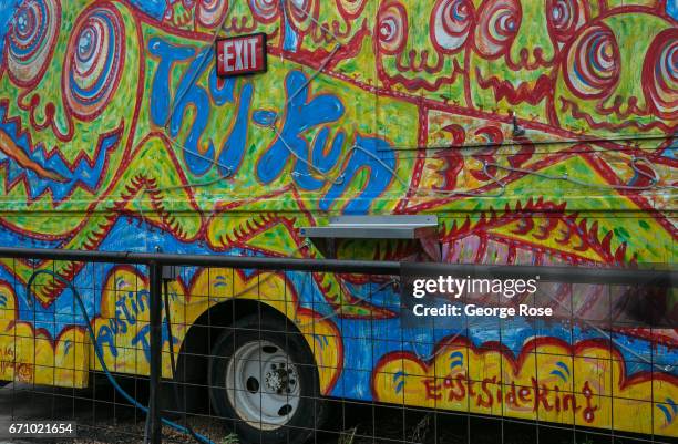 Colorfully weird mural adorns the side of a Cesar Chavez Blvd food truck on April 14 in Austin, Texas. Austin, the State Capital of Texas, the...