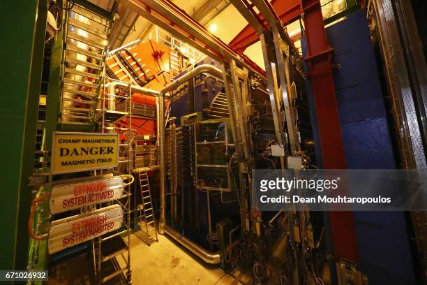 General view of ALICE cavern and detector during a behind the scenes tour at CERN, the World's Largest Particle Physics Laboratory on April 19, 2017...