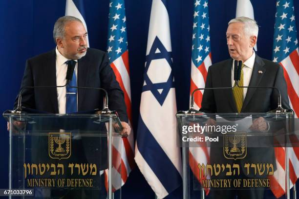 Israel's Minister of Defense Avigdor Lieberman and U.S. Defense Secretary James Mattis hold a joint news conference at the Ministry of Defense on...