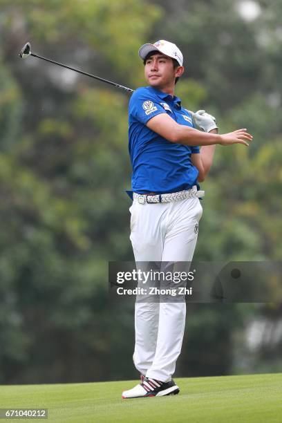 Soomin Lee of Korea plays a shot during the second round of the Shenzhen International at Genzon Golf Club on April 21, 2017 in Shenzhen, China.