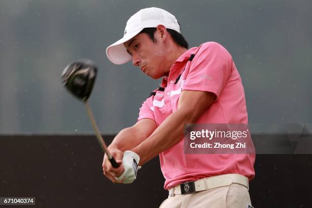 Zheng Ouyang of China plays a shot during the second round of the Shenzhen International at Genzon Golf Club on April 21, 2017 in Shenzhen, China.