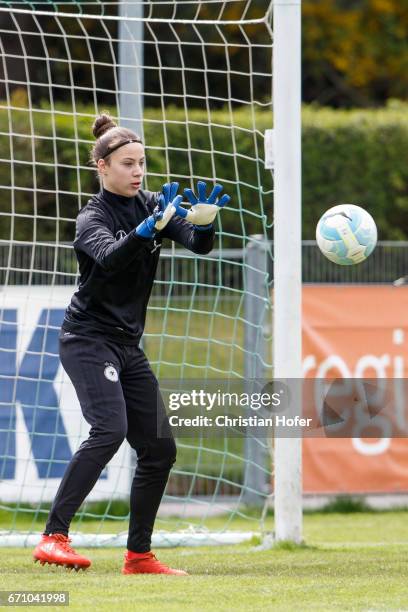 Goalkeeper Julia Kassen of Germany in action during the warm up session prior to the Under 15 girls international friendly match between Czech...