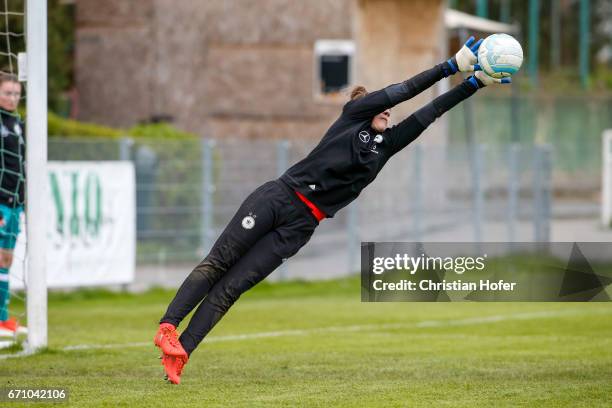 Goalkeeper Julia Kassen in action during the warm up session prior to the Under 15 girls international friendly match between Czech Republic and...