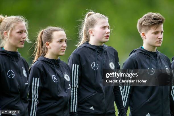 Sophie Krall, Joana Weber, Lina Katharina Vianden and Paula Augustine Helga Klensmann of Germany line up during the national anthem prior to the...