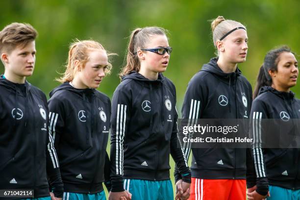 Paula Augustine Helga Klensmann, Lisanne Grawe, Julia Pollak, goalkeeper Carlotta Pauline Nelles and Gia Corley of Germany line up during the...