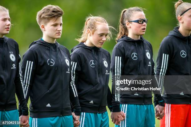 Lina Katharina Vianden, Paula Augustine Helga Klensmann, Lisanne Grawe and Julia Pollak of Germany line up during the national anthem prior to the...