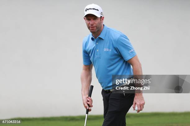 Bradley Dredge of Wales celebrates a shot during the second round of the Shenzhen International at Genzon Golf Club on April 21, 2017 in Shenzhen,...