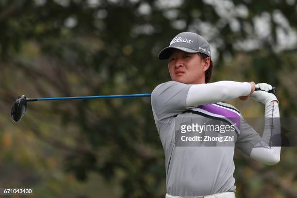 Da-xing Jin of China plays a shot during the second round of the Shenzhen International at Genzon Golf Club on April 21, 2017 in Shenzhen, China.