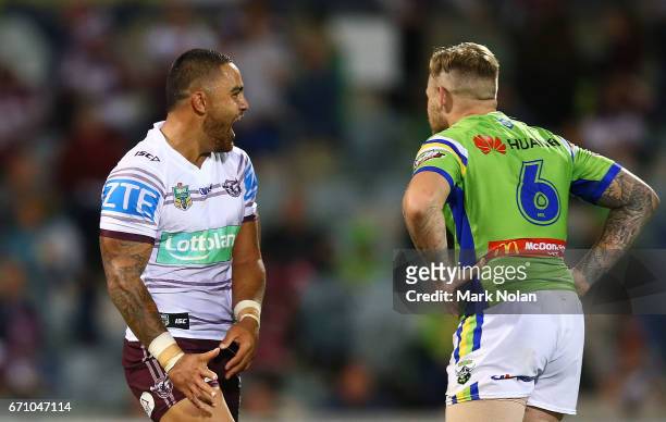Dylan Walker of the Eagles celebrates kicking a penalty conversion in extra time to win the round eight NRL match between the Canberra Raiders and...