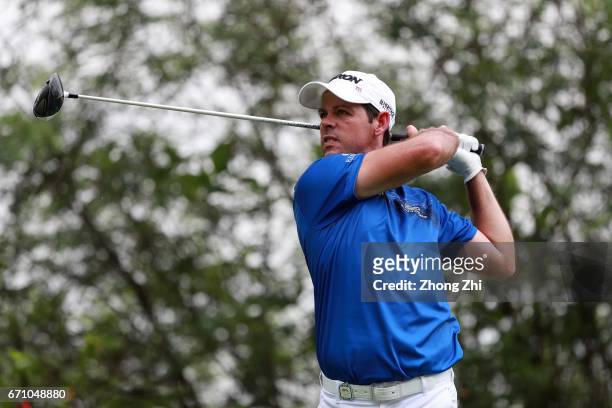 Jaco Van Zyl of South Africa plays a shot during the second round of the Shenzhen International at Genzon Golf Club on April 21, 2017 in Shenzhen,...