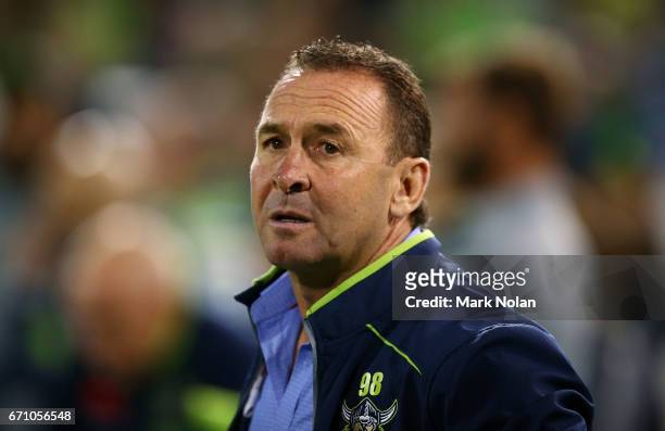 Raiders coach Ricky Stuart looks worried during the round eight NRL match between the Canberra Raiders and the Manly Sea Eagles at GIO Stadium on...