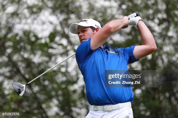 Jaco Van Zyl of South Africa plays a shot during the second round of the Shenzhen International at Genzon Golf Club on April 21, 2017 in Shenzhen,...