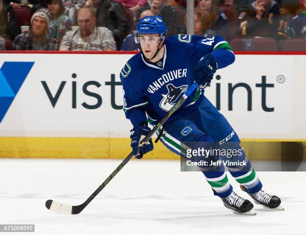 Drew Shore of the Vancouver Canucks skates up ice during their NHL game against the Los Angeles Kings at Rogers Arena March 31, 2017 in Vancouver,...