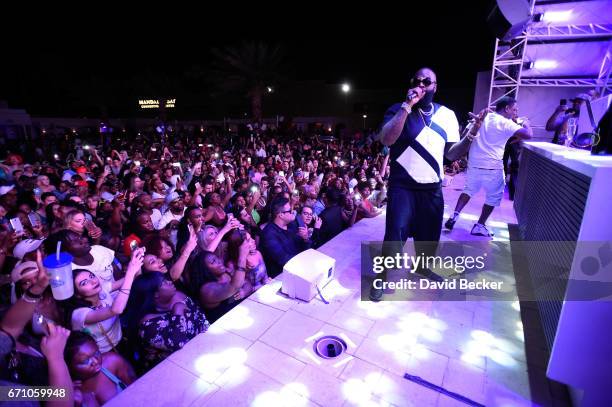 Rapper Rick Ross performs at the official Eclipse launch party at Daylight Beach Club at the Mandalay Bay Resort and Casino on April 21, 2017 in Las...